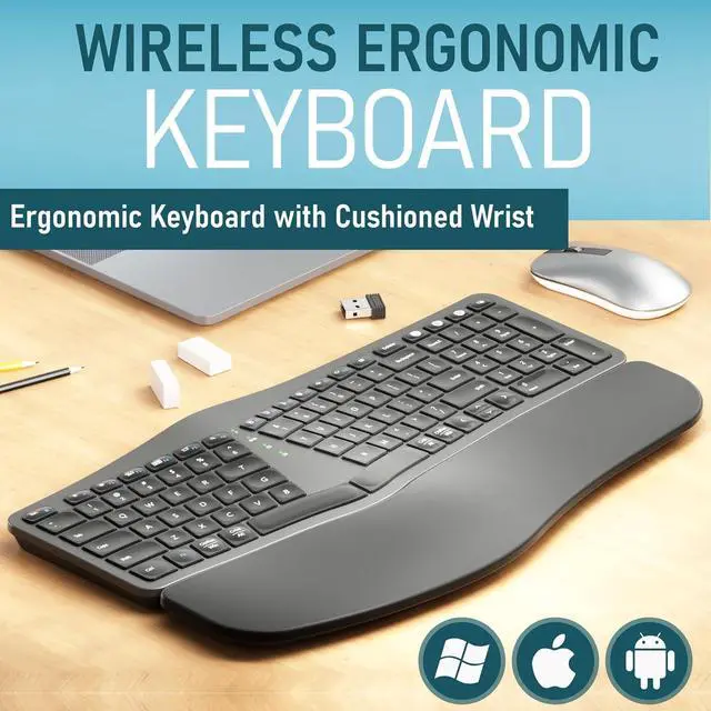 Alt view image 2 of 6 - ROCK&ROWN Ergonomic Keyboard with Cushioned Wrist and Palm Rest,Bluetooth and 2.4G USB-C Rechargeable Wireless Comfortable Natural Split Keyboard for Multi-OS, Windows/Mac PC, Laptop (Black)