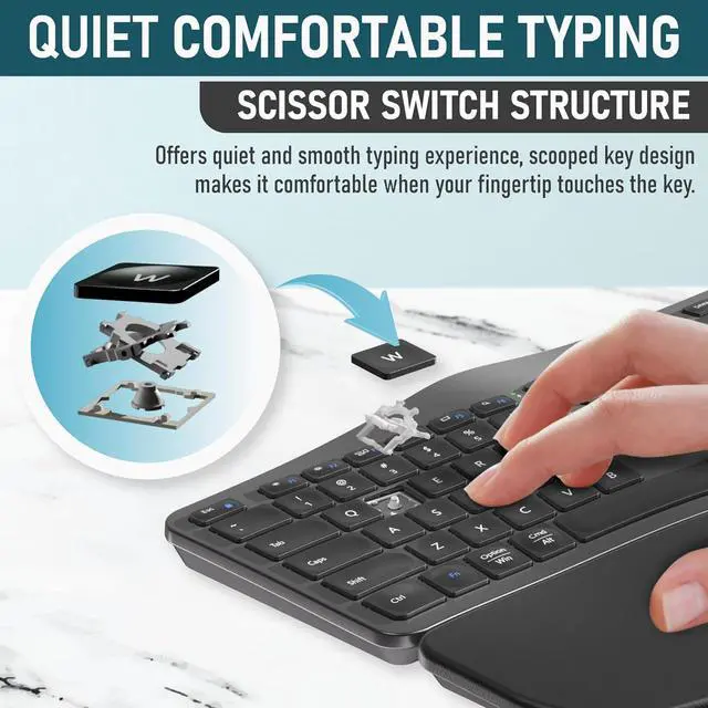 Alt view image 3 of 6 - ROCK&ROWN Ergonomic Keyboard with Cushioned Wrist and Palm Rest,Bluetooth and 2.4G USB-C Rechargeable Wireless Comfortable Natural Split Keyboard for Multi-OS, Windows/Mac PC, Laptop (Black)