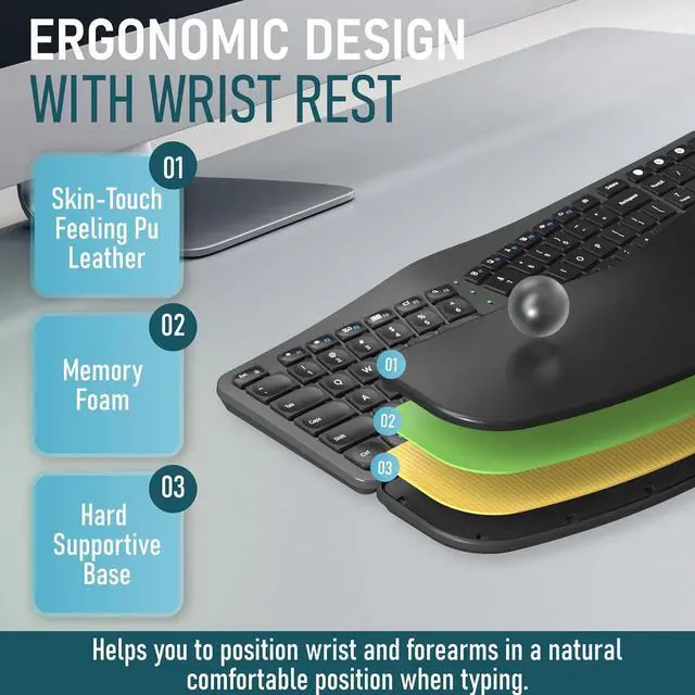 Alt view image 4 of 6 - ROCK&ROWN Ergonomic Keyboard with Cushioned Wrist and Palm Rest,Bluetooth and 2.4G USB-C Rechargeable Wireless Comfortable Natural Split Keyboard for Multi-OS, Windows/Mac PC, Laptop (Black)
