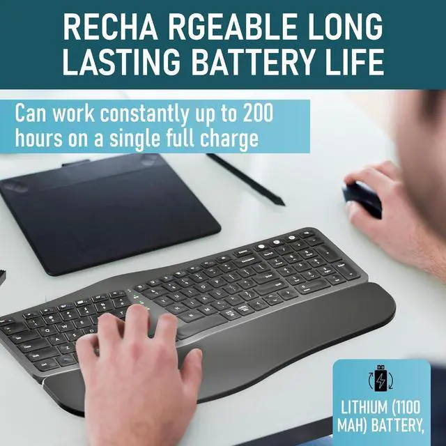 Alt view image 5 of 6 - ROCK&ROWN Ergonomic Keyboard with Cushioned Wrist and Palm Rest,Bluetooth and 2.4G USB-C Rechargeable Wireless Comfortable Natural Split Keyboard for Multi-OS, Windows/Mac PC, Laptop (Black)