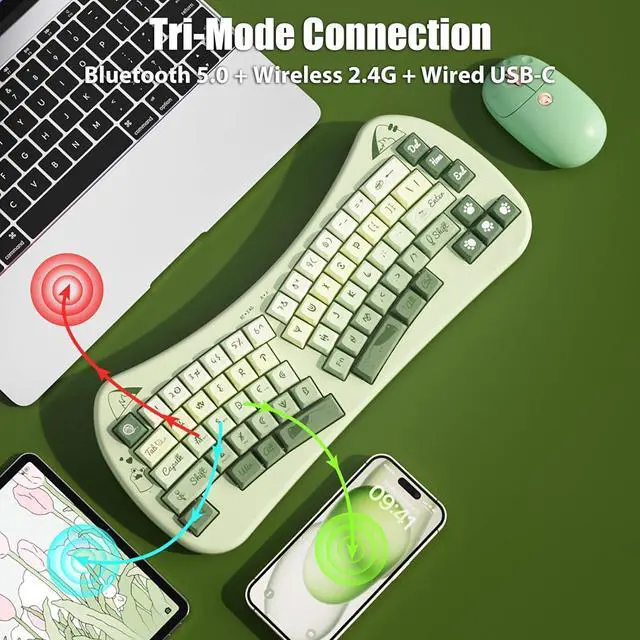 Alt view image 2 of 7 - Bow Aesthetic Ergonomic Keyboard Cute Cat Alice Keyboard Tri-Mode Wireless 2.4G/Bluetooth 5.0/Wired USB-C Rechargeable Compact 68-Key for Multi-Device, Win/Mac/PC/Laptop, Matcha Green