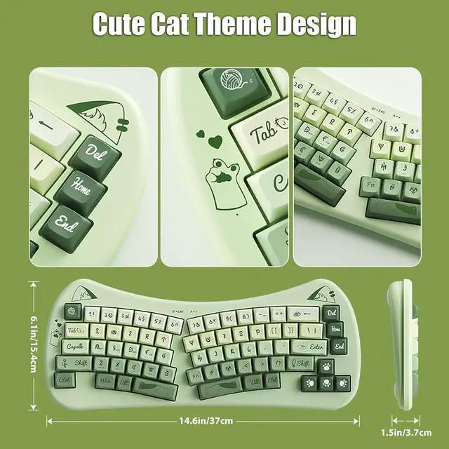 Alt view image 3 of 7 - Bow Aesthetic Ergonomic Keyboard Cute Cat Alice Keyboard Tri-Mode Wireless 2.4G/Bluetooth 5.0/Wired USB-C Rechargeable Compact 68-Key for Multi-Device, Win/Mac/PC/Laptop, Matcha Green