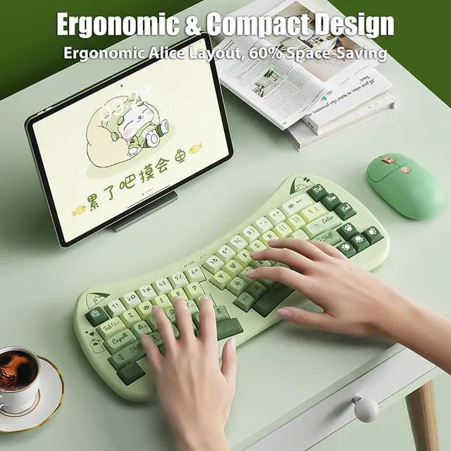 Alt view image 4 of 7 - Bow Aesthetic Ergonomic Keyboard Cute Cat Alice Keyboard Tri-Mode Wireless 2.4G/Bluetooth 5.0/Wired USB-C Rechargeable Compact 68-Key for Multi-Device, Win/Mac/PC/Laptop, Matcha Green