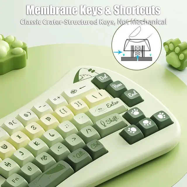 Alt view image 6 of 7 - Bow Aesthetic Ergonomic Keyboard Cute Cat Alice Keyboard Tri-Mode Wireless 2.4G/Bluetooth 5.0/Wired USB-C Rechargeable Compact 68-Key for Multi-Device, Win/Mac/PC/Laptop, Matcha Green