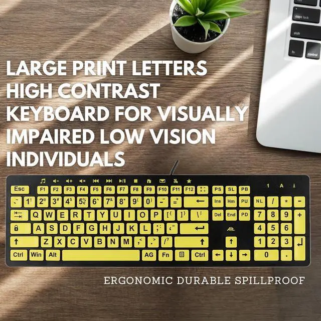 Alt view image 2 of 7 - Clevy Low Vision Keyboard Large Print High Contrast USB Wired Computer Keyboard Yellow Keys with Black Letters - Oversized Print Big Letters Great for Visually Impaired Individuals and Seniors