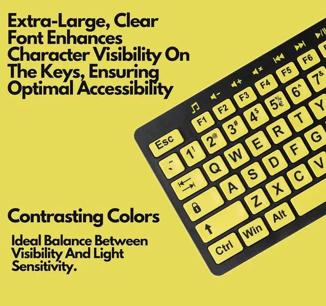 Alt view image 3 of 7 - Clevy Low Vision Keyboard Large Print High Contrast USB Wired Computer Keyboard Yellow Keys with Black Letters - Oversized Print Big Letters Great for Visually Impaired Individuals and Seniors