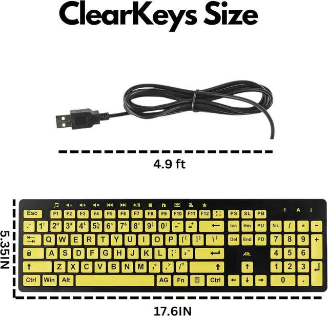 Alt view image 5 of 7 - Clevy Low Vision Keyboard Large Print High Contrast USB Wired Computer Keyboard Yellow Keys with Black Letters - Oversized Print Big Letters Great for Visually Impaired Individuals and Seniors