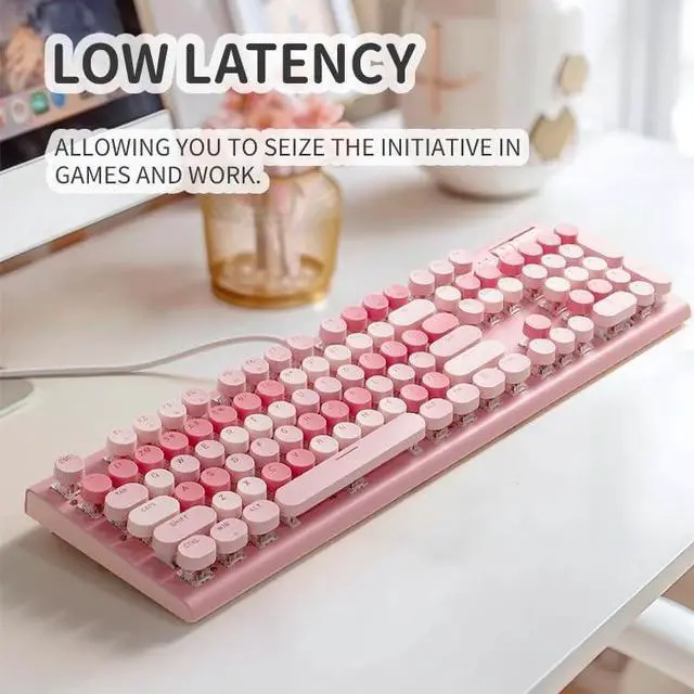 Alt view image 6 of 7 - Cute Pink Keyboard Wired, with White Backlit Typewriter, Volume Knob, Light Switch Button, and Foldable Stands, Full Size with Number Pad for Computer PC Lapto