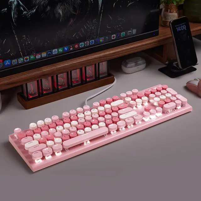 Alt view image 7 of 7 - Cute Pink Keyboard Wired, with White Backlit Typewriter, Volume Knob, Light Switch Button, and Foldable Stands, Full Size with Number Pad for Computer PC Lapto