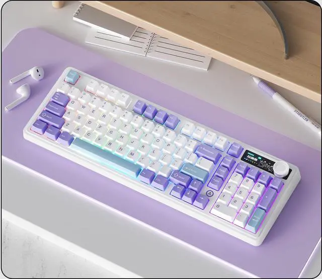 Alt view image 5 of 5 - AK980 97Keys Tri-Mode Full Mechanical Keyboard, Gasket-Mounted, Hot-Swappable, 1.14 TFT Smart Display, Bluetooth 5.1/2.4G Wireless/Wired, PBT Keycaps RGB Backlit (Purple, Gift Linear Switch)
