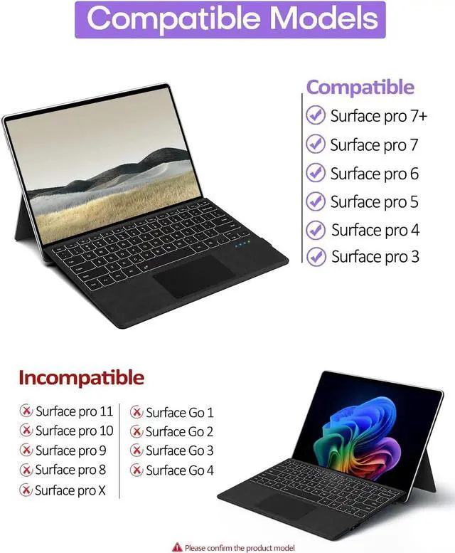 Alt view image 2 of 7 - Surface Keyboard for Surface Pro 7+/7/6/5/4/3, Surface Pro Type Cover, Ultra-Slim Portable Bluetooth 5.2 Wireless Keyboard with 7 Colors Backlit, Touchpad, Rechargeable Battery
