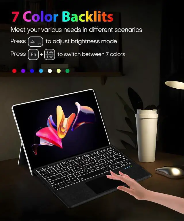 Alt view image 3 of 7 - Surface Keyboard for Surface Pro 7+/7/6/5/4/3, Surface Pro Type Cover, Ultra-Slim Portable Bluetooth 5.2 Wireless Keyboard with 7 Colors Backlit, Touchpad, Rechargeable Battery