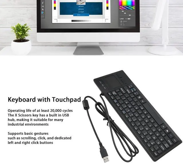 Alt view image 2 of 7 - Wired USB Keyboard with Touchpad, Compact Industrial Keyboard Trackpad Combo with HUB Function Ergonomic Keyboard USB Keyboard Trackpad Keyboard for Industrial Food Service Marine