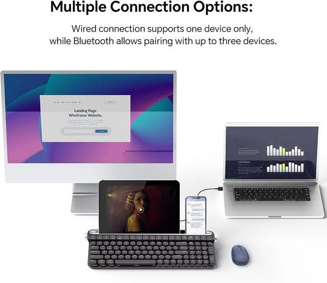 Alt view image 2 of 6 - ACTTO B705 Retro Mechanical Keyboard, Bluetooth, Vintage Style with LED Backlight, 100 Keys, Gaming Keyboard for Windows/macos/iOS/Android, Blue Switch (Black)