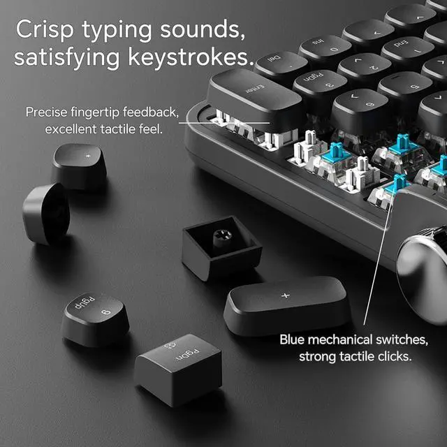 Alt view image 6 of 6 - ACTTO B705 Retro Mechanical Keyboard, Bluetooth, Vintage Style with LED Backlight, 100 Keys, Gaming Keyboard for Windows/macos/iOS/Android, Blue Switch (Black)