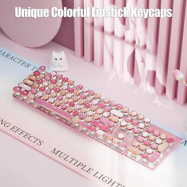 Alt view image 2 of 7 - Typewriter Style Mechanical Gaming Keyboard Wired USB-C Retro Round Keycaps Aesthetic Lipstick Colorful 104 Keys NKRO Tactile White Switches White LED Backlit Metal Panel, Lipstick Pink
