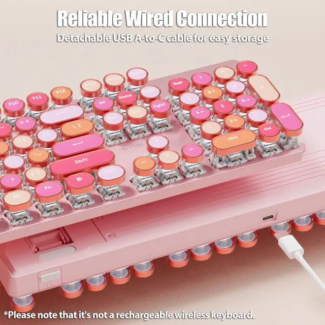 Alt view image 3 of 7 - Typewriter Style Mechanical Gaming Keyboard Wired USB-C Retro Round Keycaps Aesthetic Lipstick Colorful 104 Keys NKRO Tactile White Switches White LED Backlit Metal Panel, Lipstick Pink