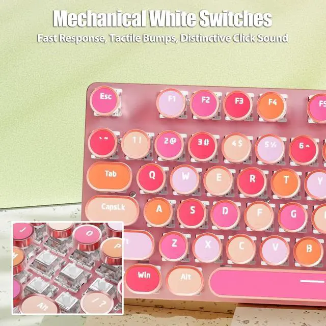 Alt view image 4 of 7 - Typewriter Style Mechanical Gaming Keyboard Wired USB-C Retro Round Keycaps Aesthetic Lipstick Colorful 104 Keys NKRO Tactile White Switches White LED Backlit Metal Panel, Lipstick Pink