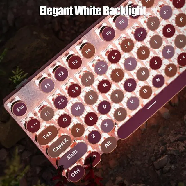 Alt view image 5 of 7 - Typewriter Style Mechanical Gaming Keyboard Wired USB-C Retro Round Keycaps Aesthetic Lipstick Colorful 104 Keys NKRO Tactile White Switches White LED Backlit Metal Panel, Lipstick Pink