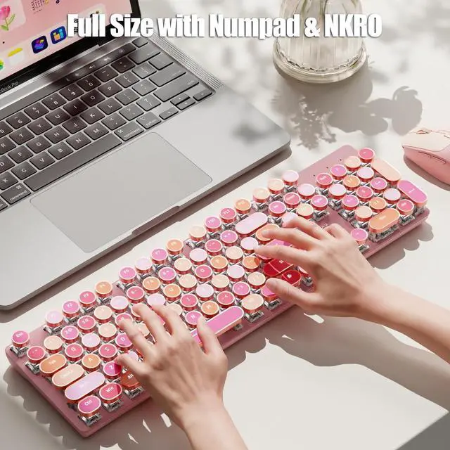 Alt view image 6 of 7 - Typewriter Style Mechanical Gaming Keyboard Wired USB-C Retro Round Keycaps Aesthetic Lipstick Colorful 104 Keys NKRO Tactile White Switches White LED Backlit Metal Panel, Lipstick Pink