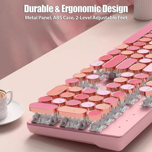 Alt view image 7 of 7 - Typewriter Style Mechanical Gaming Keyboard Wired USB-C Retro Round Keycaps Aesthetic Lipstick Colorful 104 Keys NKRO Tactile White Switches White LED Backlit Metal Panel, Lipstick Pink