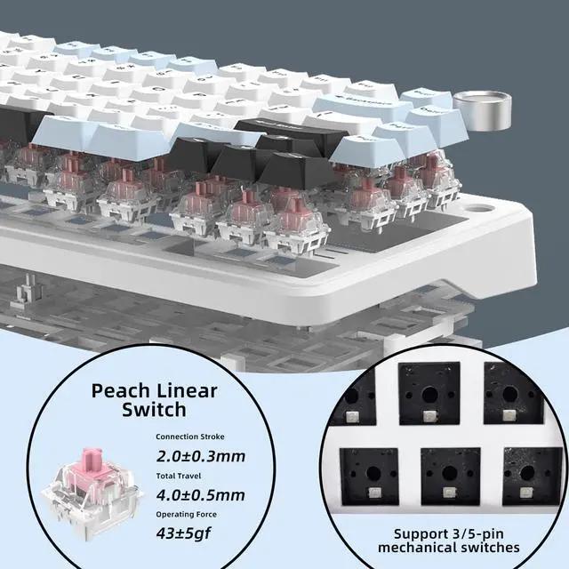 Alt view image 4 of 7 - 75% Wired Hot Swappable Mechanical Keyboard with Metal Knob | Mount Gasket | Programmable RGB Backlit & Adjustable Side Lighting (Peach Linear Switch)