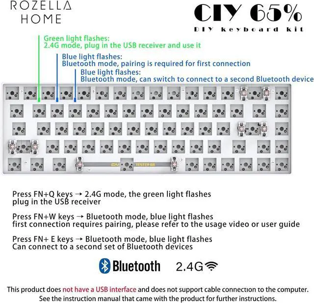 Alt view image 5 of 7 - CIY GK68 Dual Mode Wireless Hotswap Keyboard Kit, DIY 65% Keyboard, Bluetooth 5.0/2.4G Wireless, Replaceable MX Switch 5Pin/3Pin, ABS Shell,Metal Positioning Plate, Sound Insulation Mat(White)