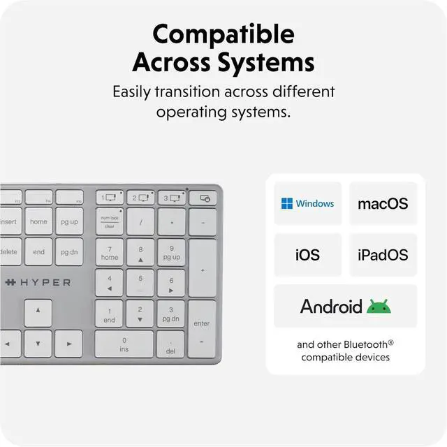 Alt view image 4 of 7 - Hyperspace Full-Size Bluetooth 5.0 Wireless Keyboard with Number Pad  Aluminum Backlit Keyboard w/Multi-Device Connectivity, Fast USB-C Rechargeable  Compatible w/macOS, Windows, & ChromeOS