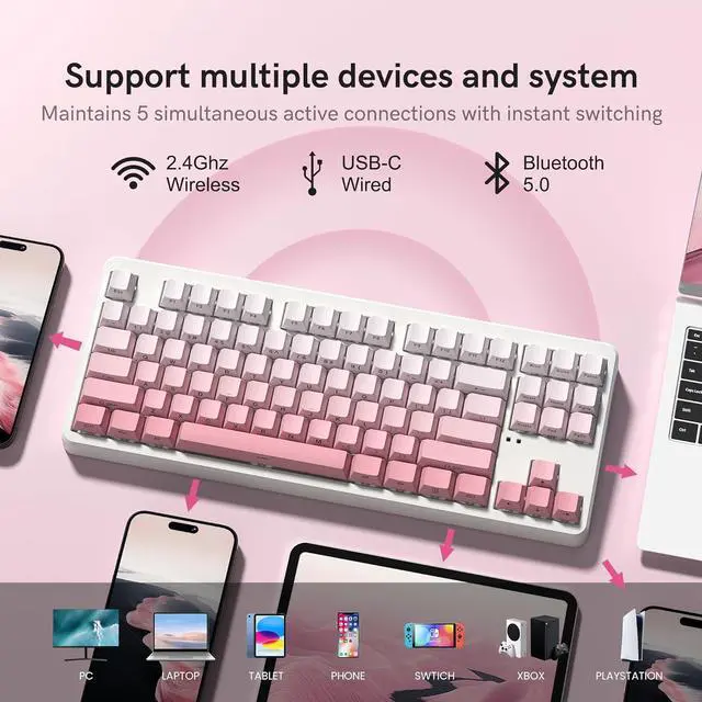 Alt view image 2 of 6 - NX87 Military-Grade Wireless Mechanical Keyboard - 110-Day Battery Life, Hot-Swappable Switches, Triple Mode 5-Device, Thock Sound & RGB (Win/Mac/iOS/Android) Gradient Pink