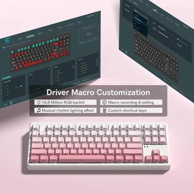 Alt view image 6 of 6 - NX87 Military-Grade Wireless Mechanical Keyboard - 110-Day Battery Life, Hot-Swappable Switches, Triple Mode 5-Device, Thock Sound & RGB (Win/Mac/iOS/Android) Gradient Pink