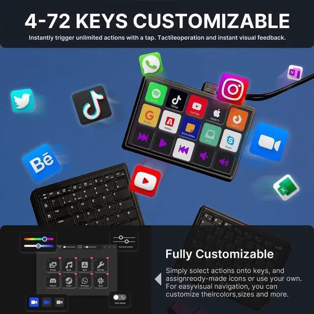 Alt view image 6 of 7 - Touchscreen Keyboard with Stream Deck, Split Ergonomic Keyboard+8" Mini Screen Monitor, bluetooth, Macro keys trigger actions in apps and software like OBS, Twitch, YouTube and more, works with Mac/PC