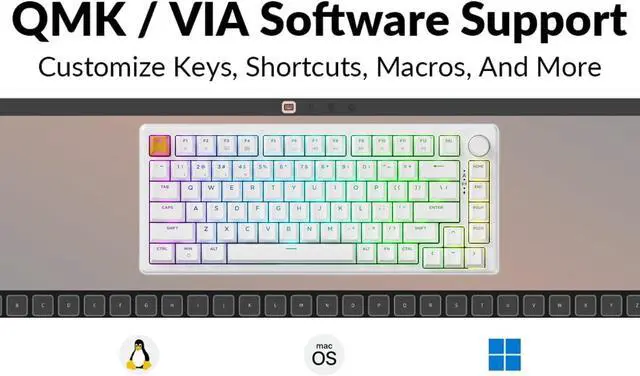 Alt view image 3 of 7 - J2 75% Wireless Mechanical Gaming Keyboard, QMK/VIA Gasket Hot Swappable 82 Keys Tri-Mode BT5.1/USB-C/2.4GHz RGB Backlit with Custom Knob Super Banana Switch, PTB Keycap - White