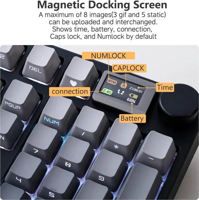 Alt view image 5 of 7 - NJ98 Wireless Custom Mechanical Keyboard with Screen Knob 96% Hot Swappable RGB Keyboard Mac Windows (Dark, Steel Plate - Box Taro Ice Cream Pro)