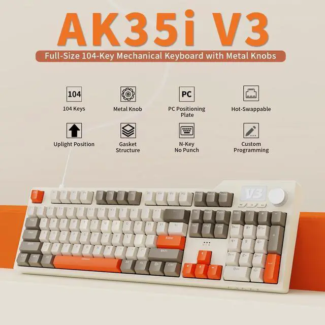 Alt view image 2 of 5 - AK35I V3 104-Key Full Size Wired Gasket Mount Gaming Keyboard with Multimedia Buttons & Knob Control | Five Layer Pad | OEM Profile PBT Keycaps | White Backlit Custom Keyboard