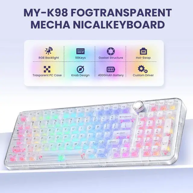 Alt view image 2 of 7 - MY-K98 Frosted Triple-Mode Wireless Mechanical Keyboard, 98Key Hot-Swappable with Knob, Gaming Keyboard Layout Gasket Mount RGB Backlit for Windows/Mac Bluetooth/2.4G/USB-C(Crystal)