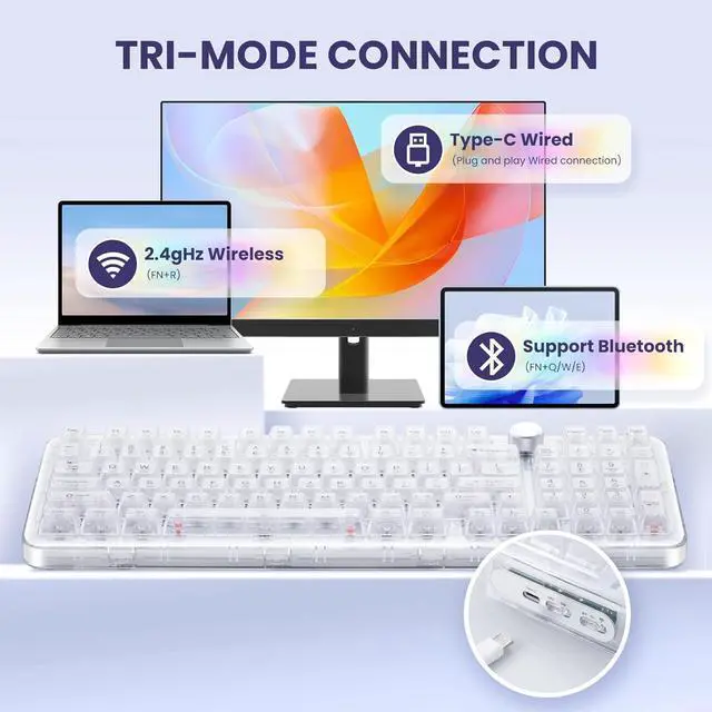 Alt view image 3 of 7 - MY-K98 Frosted Triple-Mode Wireless Mechanical Keyboard, 98Key Hot-Swappable with Knob, Gaming Keyboard Layout Gasket Mount RGB Backlit for Windows/Mac Bluetooth/2.4G/USB-C(Crystal)