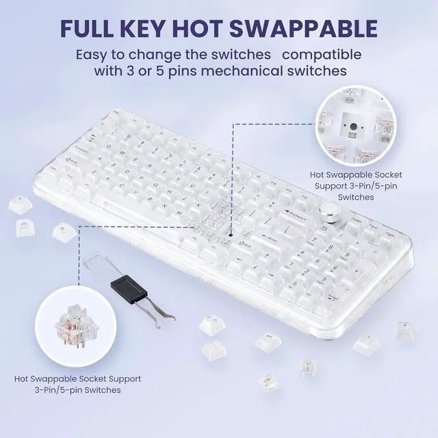 Alt view image 5 of 7 - MY-K98 Frosted Triple-Mode Wireless Mechanical Keyboard, 98Key Hot-Swappable with Knob, Gaming Keyboard Layout Gasket Mount RGB Backlit for Windows/Mac Bluetooth/2.4G/USB-C(Crystal)