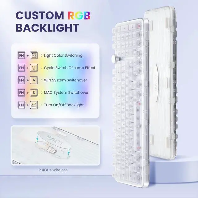Alt view image 6 of 7 - MY-K98 Frosted Triple-Mode Wireless Mechanical Keyboard, 98Key Hot-Swappable with Knob, Gaming Keyboard Layout Gasket Mount RGB Backlit for Windows/Mac Bluetooth/2.4G/USB-C(Crystal)
