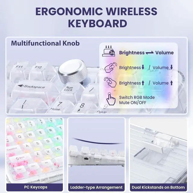 Alt view image 7 of 7 - MY-K98 Frosted Triple-Mode Wireless Mechanical Keyboard, 98Key Hot-Swappable with Knob, Gaming Keyboard Layout Gasket Mount RGB Backlit for Windows/Mac Bluetooth/2.4G/USB-C(Crystal)