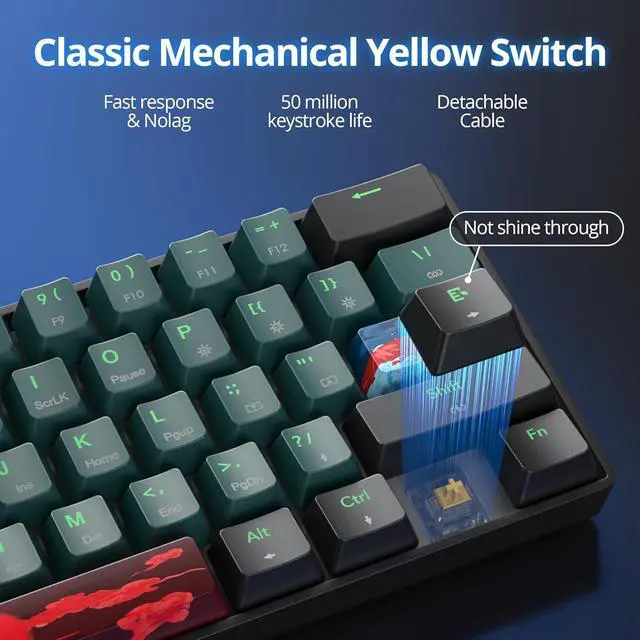 Alt view image 5 of 7 - Fogruaden Wireless Gaming Keyboard, 60% Percent Mechanical Keyboard Wireless, Hot-Swappable Yellow Switch, RGB Wired/Bluetooth Keyboards for Win/Mac, 61 Keys NKRO (Soundwave)
