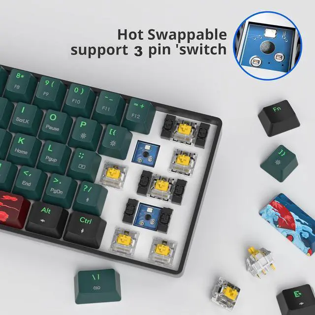 Alt view image 4 of 7 - Fogruaden Wireless Gaming Keyboard, 60% Percent Mechanical Keyboard Wireless, Hot-Swappable Yellow Switch, RGB Wired/Bluetooth Keyboards for Win/Mac, 61 Keys NKRO (Soundwave)