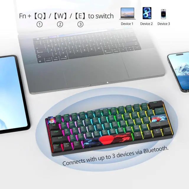 Alt view image 6 of 7 - Fogruaden Wireless Gaming Keyboard, 60% Percent Mechanical Keyboard Wireless, Hot-Swappable Yellow Switch, RGB Wired/Bluetooth Keyboards for Win/Mac, 61 Keys NKRO (Soundwave)