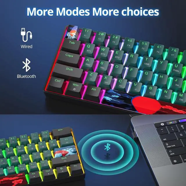 Alt view image 2 of 7 - Fogruaden Wireless Gaming Keyboard, 60% Percent Mechanical Keyboard Wireless, Hot-Swappable Yellow Switch, RGB Wired/Bluetooth Keyboards for Win/Mac, 61 Keys NKRO (Soundwave)