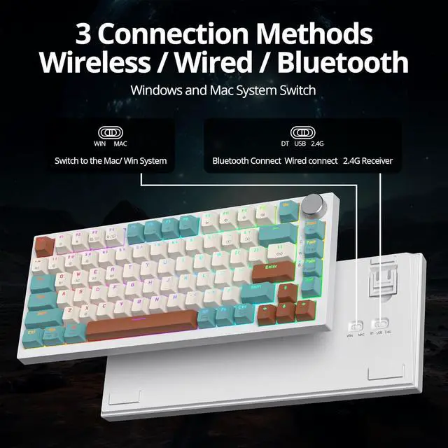 Alt view image 2 of 7 - 82 Keys Wireless Gaming Keyboard 75 Percent,Triple Mode Bluetooth/2.4Ghz/USB Pre-lubed Hot Swappable Mechanical Keyboard, w/Knob&Sound-Absorbing Pads,4000mAh Battery for Mac/Win (Brown)