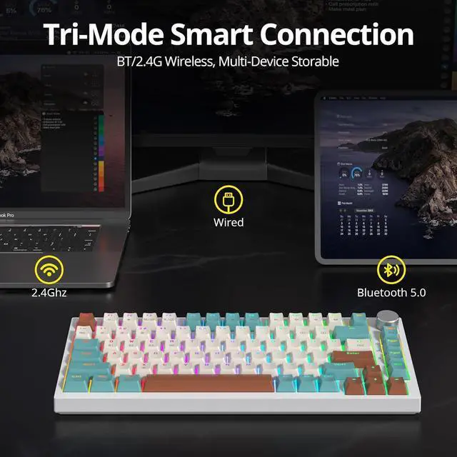 Alt view image 4 of 7 - 82 Keys Wireless Gaming Keyboard 75 Percent,Triple Mode Bluetooth/2.4Ghz/USB Pre-lubed Hot Swappable Mechanical Keyboard, w/Knob&Sound-Absorbing Pads,4000mAh Battery for Mac/Win (Brown)
