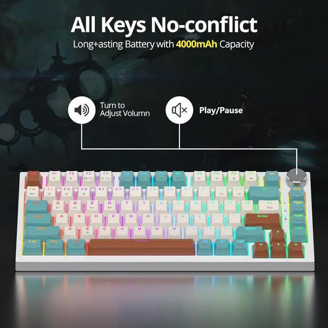 Alt view image 6 of 7 - 82 Keys Wireless Gaming Keyboard 75 Percent,Triple Mode Bluetooth/2.4Ghz/USB Pre-lubed Hot Swappable Mechanical Keyboard, w/Knob&Sound-Absorbing Pads,4000mAh Battery for Mac/Win (Brown)