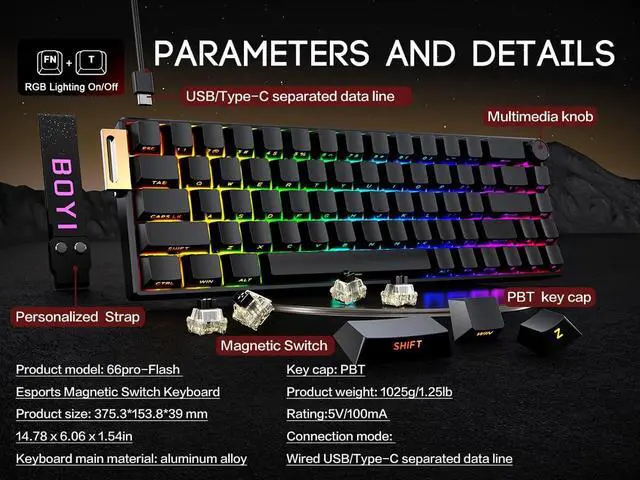 Alt view image 7 of 7 - FKZ X BOYI 66Pro-Flash Magnetic Switch Aluminum Gaming Keyboard,60% Hall Effect Rapid Trigger Adjustable Actuation Custom RGB USB-C Wired Mechanical Keyboard with Backlit Side Printed Keycaps