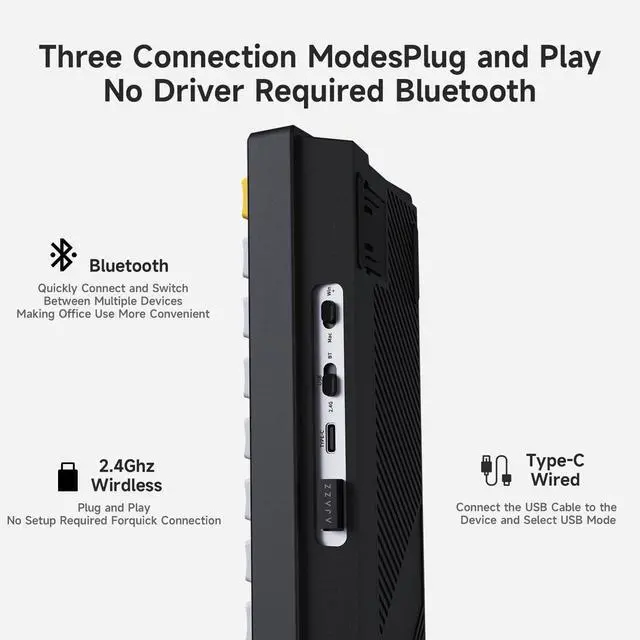 Alt view image 5 of 6 - AJAZZ AK650 65% Layout Hot Swappable Gaming Mechanical Keyboard, 0.85 TFT Color Display|Knob | Wired | Wireless 2.4G (Flying Fish Black Yellow)