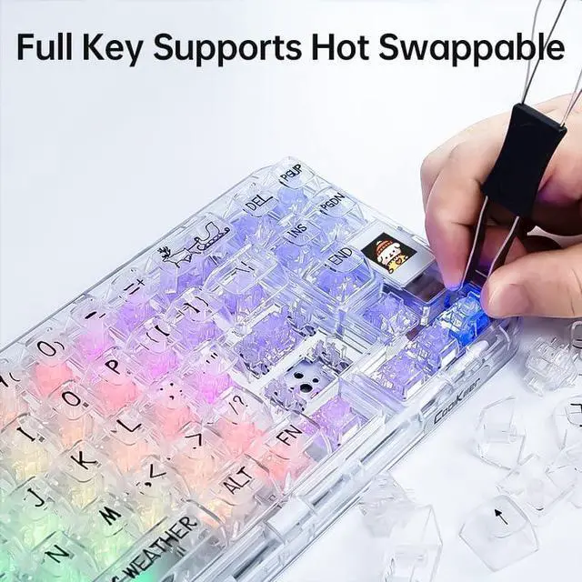 Alt view image 6 of 7 - CoolKiller CK68 Hot Swappable Transparent Keyboard with OLED Display, 60% RGB Custom Mechanical Clear Keyboards with BT5.1/2.4G/USB-C Wireless Gaming Gasket Structures, Ice Switches