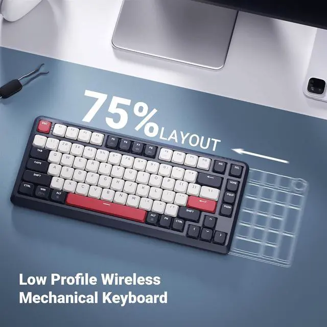 Alt view image 2 of 7 - J1 Low-Profile Wireless Mechanical Keyboard - QMK/VIA RGB Backlit, Hot-Swappable Banana Switch, 2.4 GHz Bluetooth, PBT Keycaps, 75% Layout Mac/Win/Linux for Office/Gaming - Dark Blue